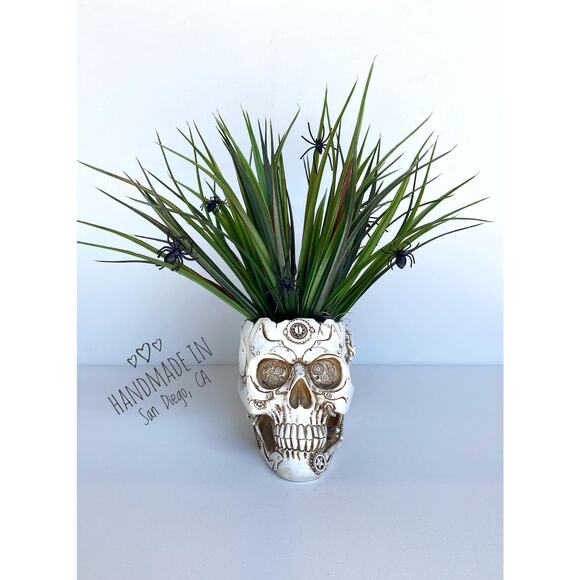 Skull Halloween Decor Plant with Spiders - Skeleton Planter with Faux Plant - Picture 6 of 7